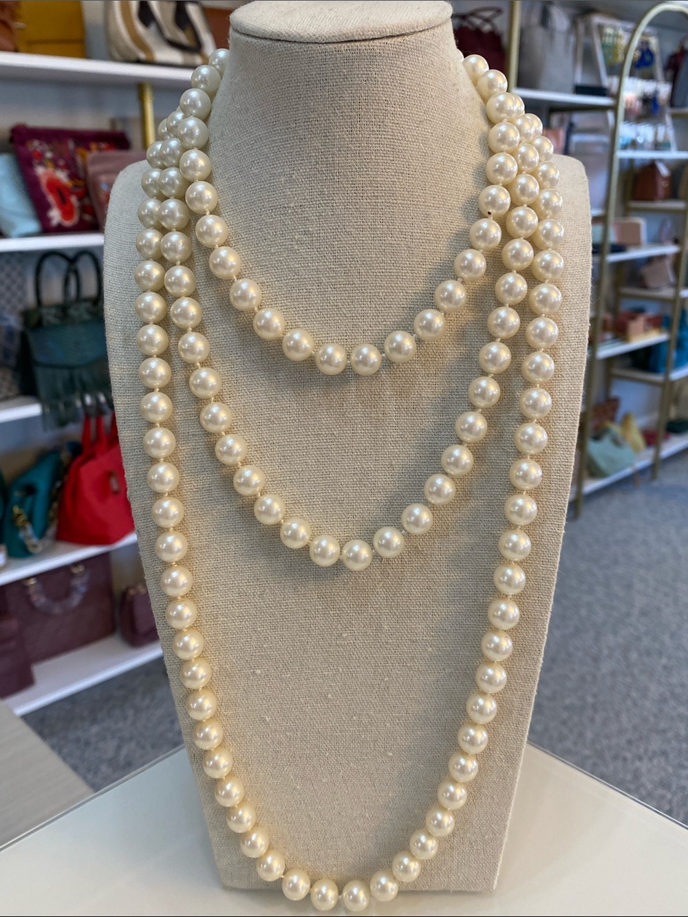 Hand knotted faux pearl necklace